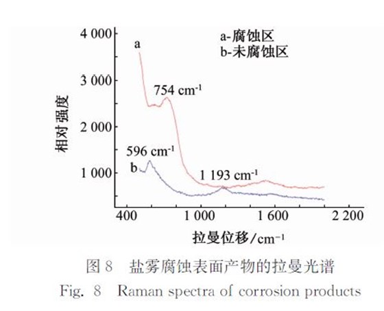图8 盐雾腐蚀表面产物的拉曼光谱 图8 盐雾腐蚀表面产物的拉曼光谱