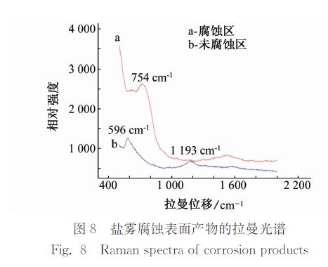 图8 盐雾腐蚀表面产物的拉曼光谱 图8 盐雾腐蚀表面产物的拉曼光谱