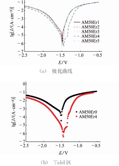 图４ 不同Ｅｒ含量ＡＭ５０合金的极化曲线及Ｔａｆｅｌ区